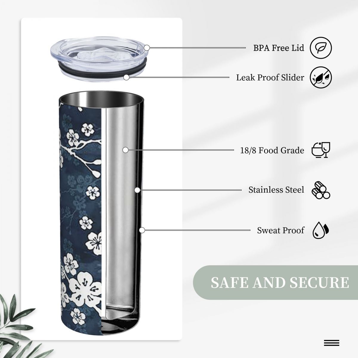 Navy And White Cherry Blossom  - Tumbler 20Oz White 评论和价格